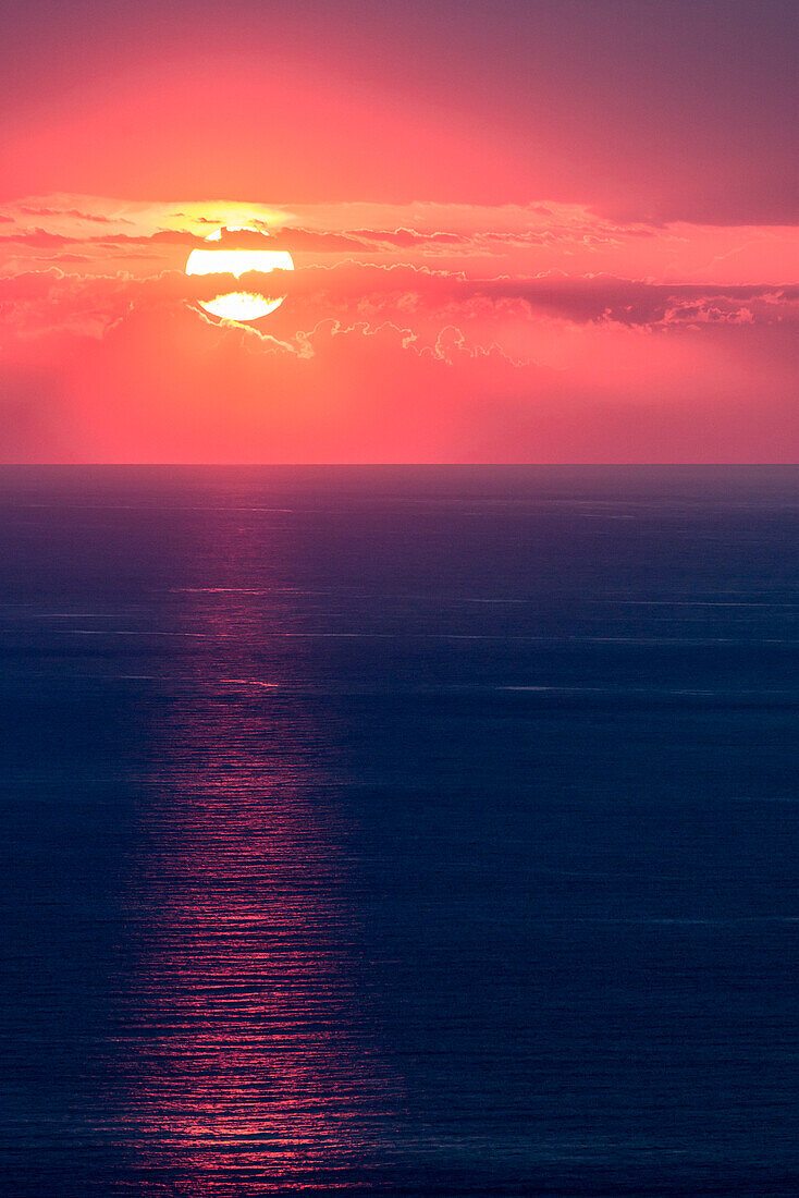 Zambrone, Vibo Valentia, Calabria, Italy. Glowing sunset over the Tyrrhenian sea