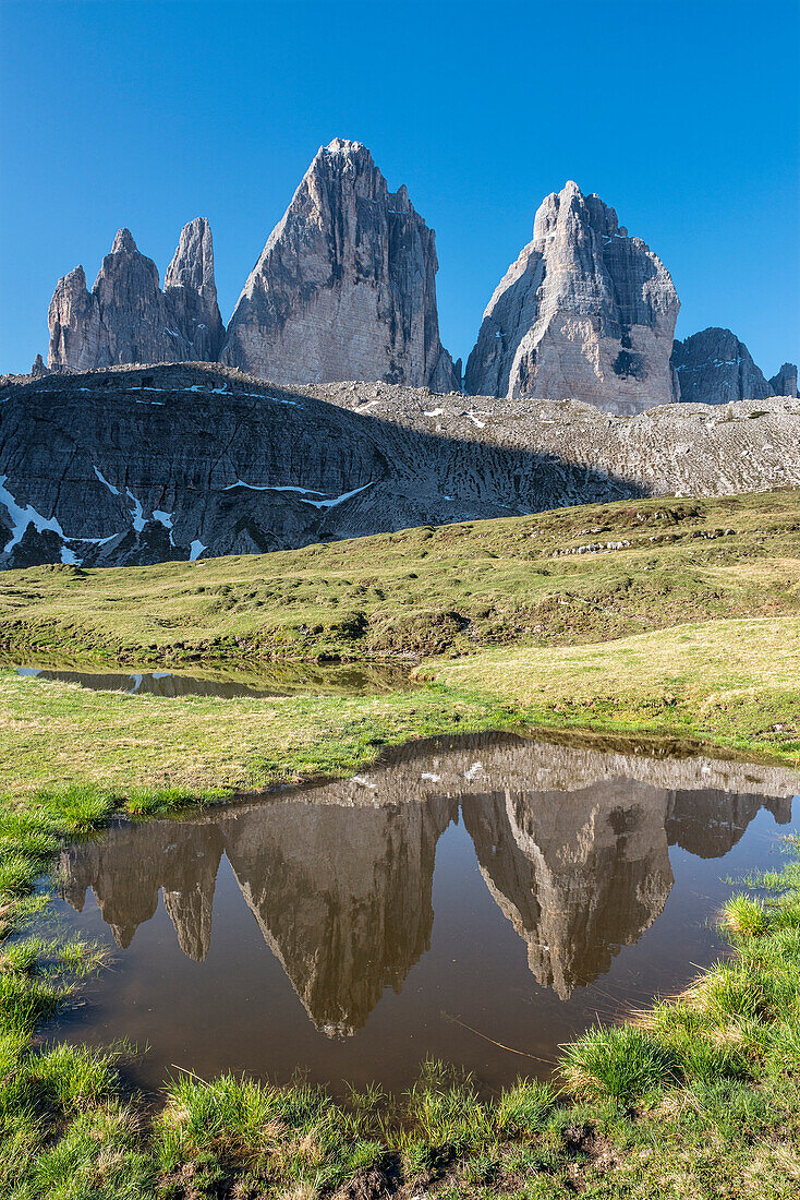 SestoSexten, Dolomites, South Tyrol, Italy. The Tre Cime di LavaredoDrei Zinnen are reflected in a lake