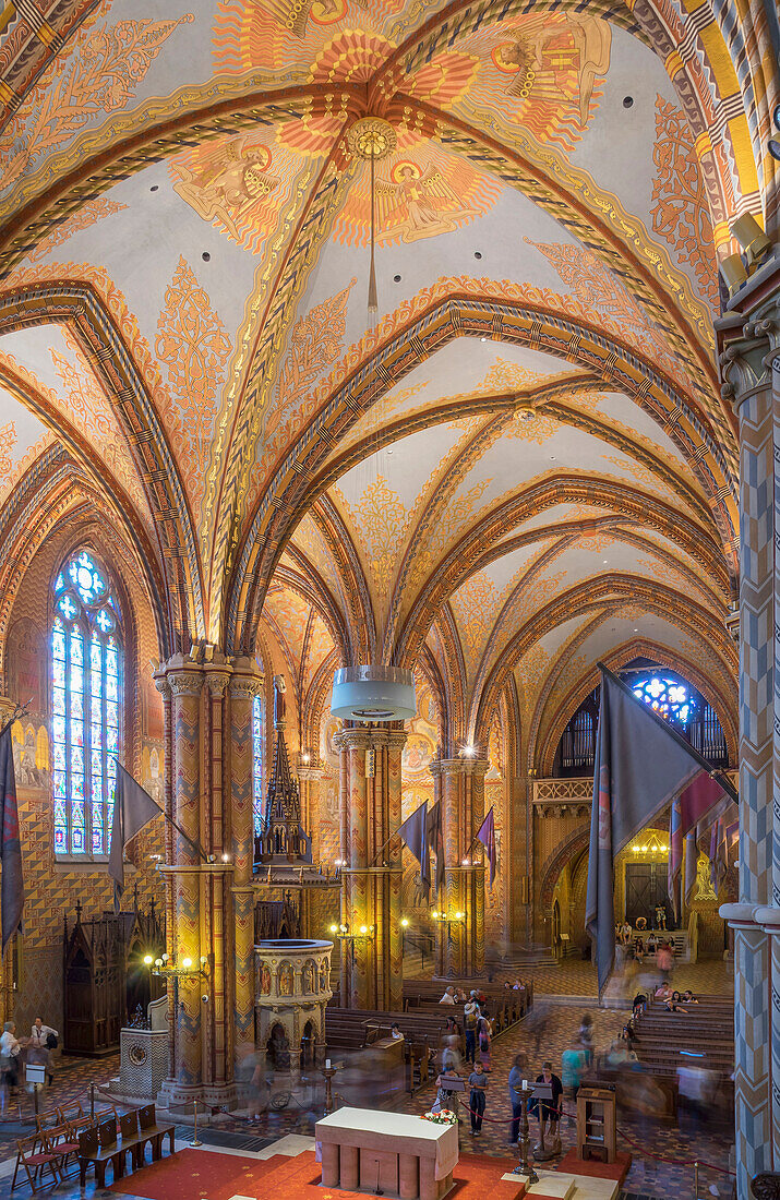Ornate roof in Mathias Church, Budapest, Hungary