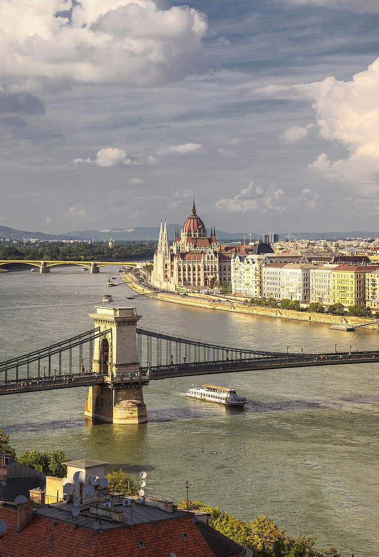 Bridge over waterfront, Budapest, Hungary