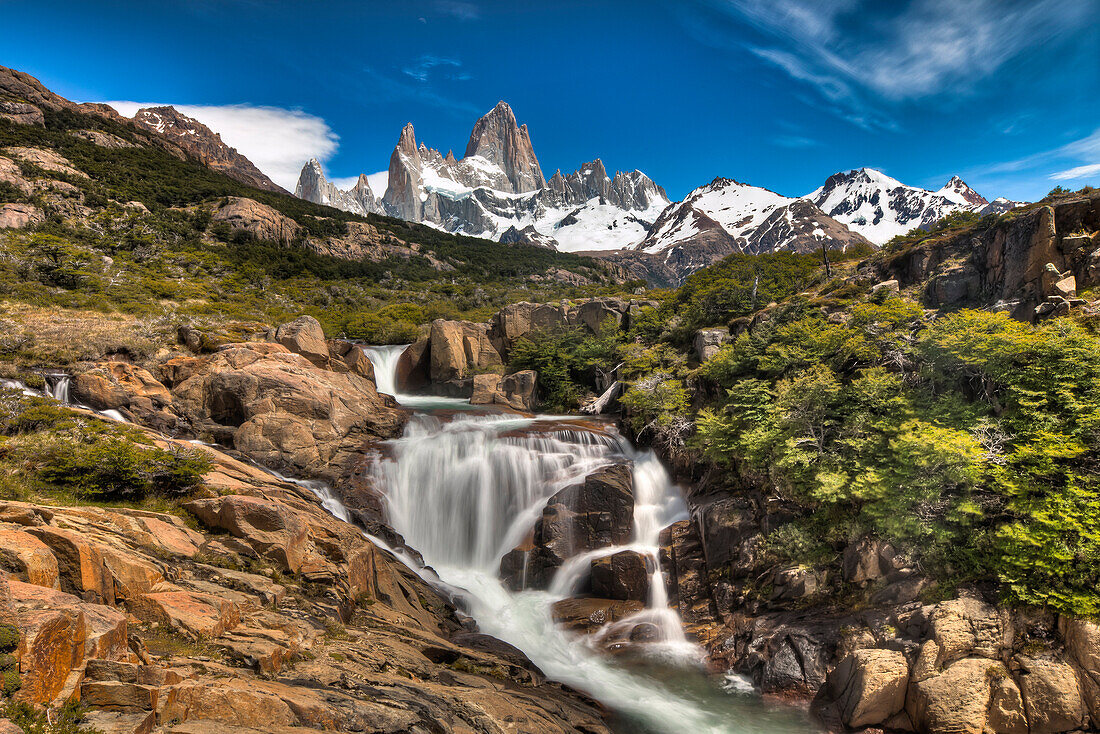 Waterfall below Mount Fitzroy, Los Glaciares National Park, Patagonia, Argentina