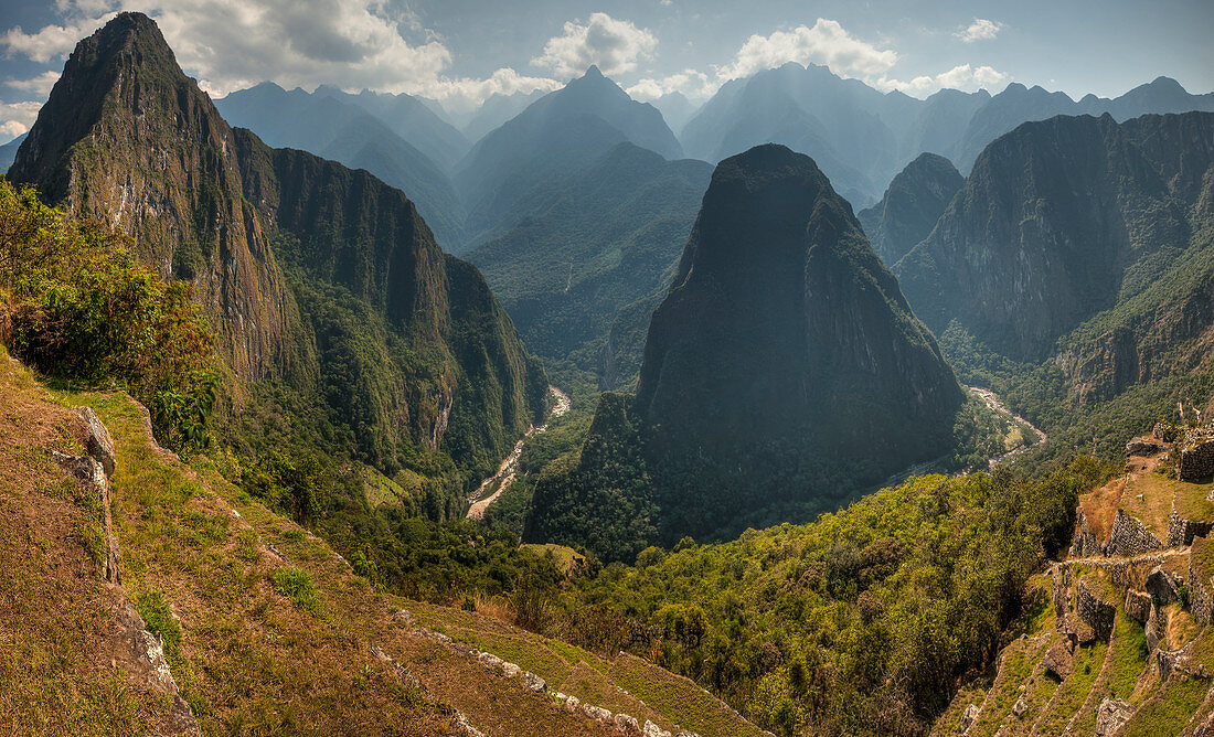 Huayna Picchu peak and Urubamba Valley from terraces below Machu Picchu near Cuzco, Peru