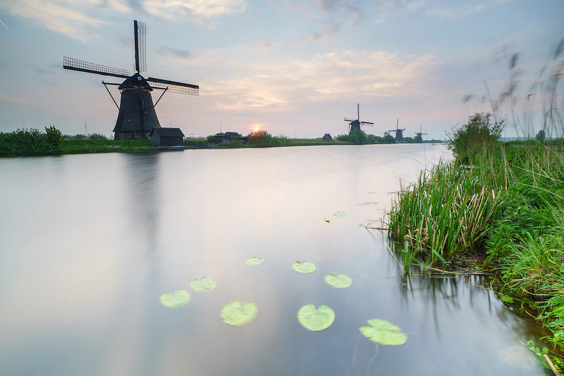 Blue sky and pink clouds on the windmills reflected in the canal at dawn, Kinderdijk, Rotterdam, South Holland, Netherlands, Europe