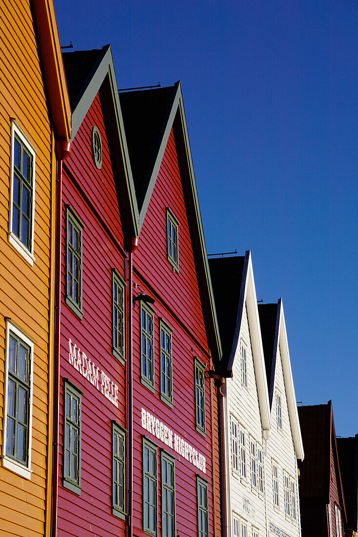 Traditional wooden Hanseatic merchants buildings of the Bryggen, UNESCO World Heritage Site, Bergen, Hordaland, Norway, Scandinavia, Europe