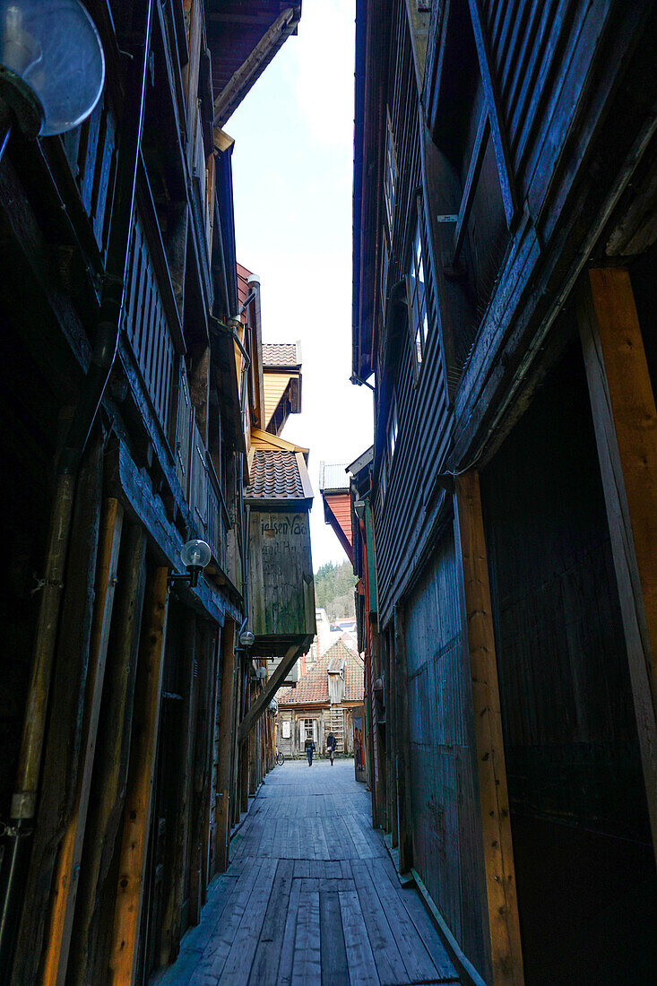 Small alleyways in the Hanseatic quarter, Bryggen, Bergen, Hordaland, Norway, Scandinavia, Europe