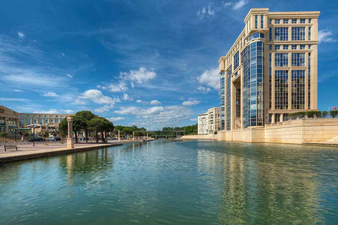 Administration building, river Lez, Antigone, Montpellier, Herault, Languedoc-Roussillon, France