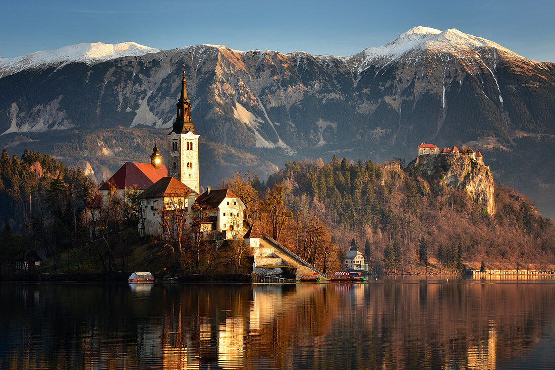 Lake Bled at dawn with Santa Maria Church (Church of Assumption), Gorenjska, Julian Alps, Slovenia, Europe