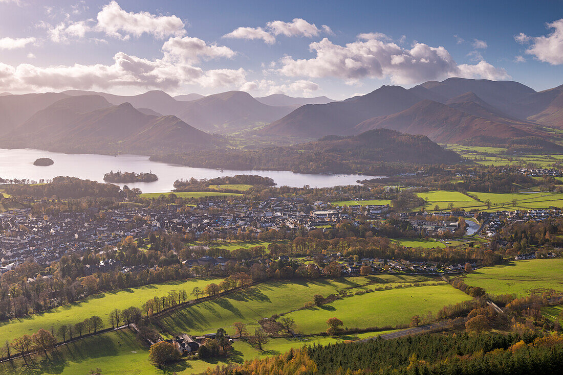 Keswick and Derwent Water on a bright autumnal afternoon, Lake District National Park, Cumbria, England, United Kingdom, Europe