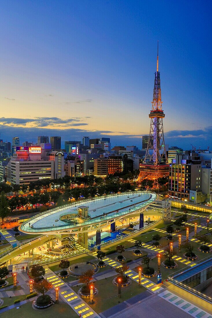 Japan , Nagoya City, Oasis 21 Bldg. and square , Nagoya TV Tower.