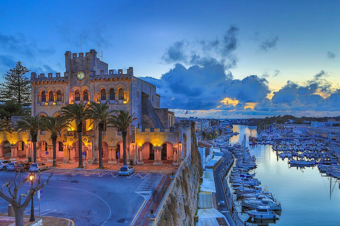 Spain balearic Islands, Menorca Island,Ciutadella City, City Hall Bldg. and Ciutadella Port.