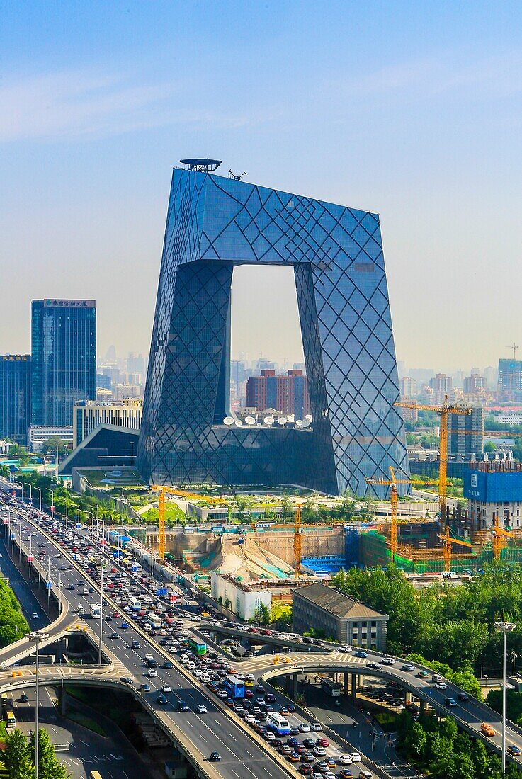 China, Beijin City, Guomao District skyline, East second ring road, CCTV Headquarters Bldg.