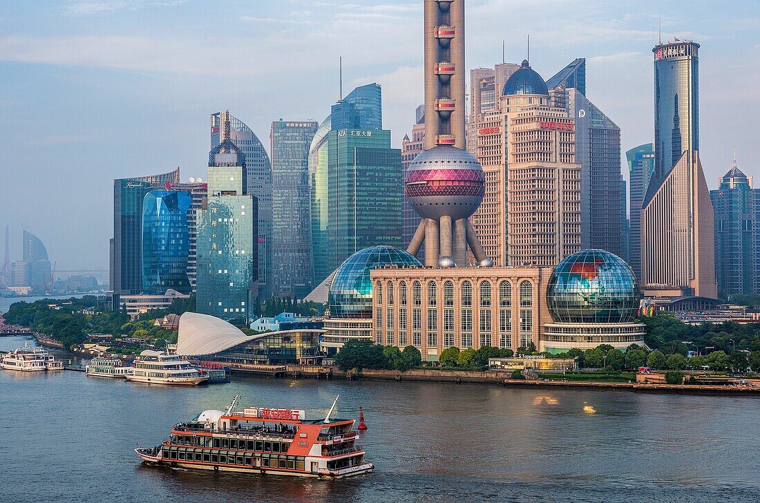China, Shanghai City, Pudong District Skyline, Oriental Pearl Tower, Huanpu River.