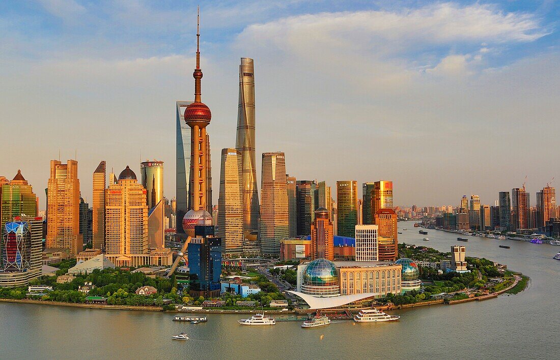China, Shanghai City, Pudong Skyline, ,Oriental Pearl, World Financial Center and Shanghai Towers, Huangpu River.