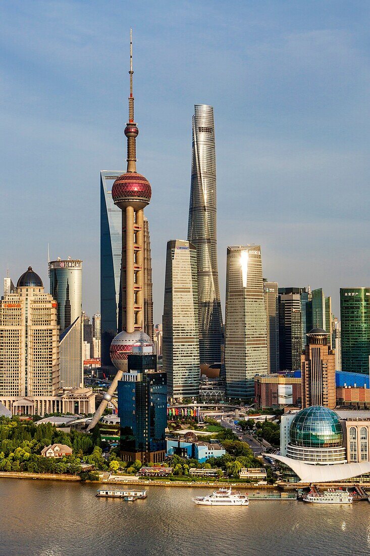 Oriental Pearl, World Financial Center and Shanghai Towers, Huangpu River, Pudong skyline, Shanghai, China