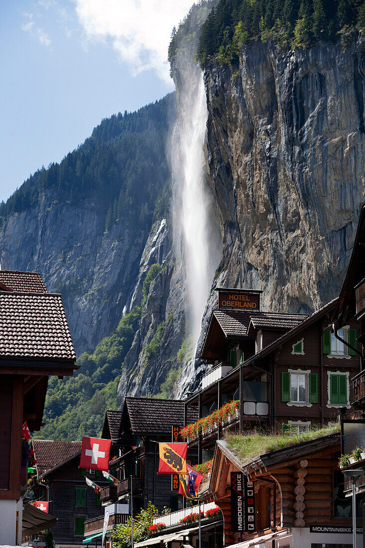 Waterfall over Lauterbrunnen Lötschen valley in the Valais, Switzerland