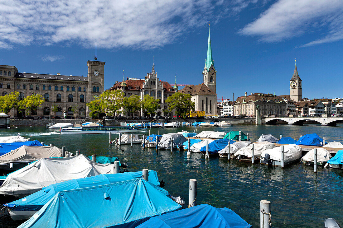 Boats docked on the Limmatquai, Zurich, Switzerland
