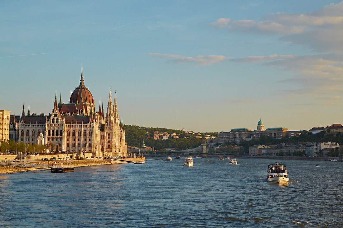 Budapest , Houses of Parliament at Pest , River Danube , Hungary , Europe