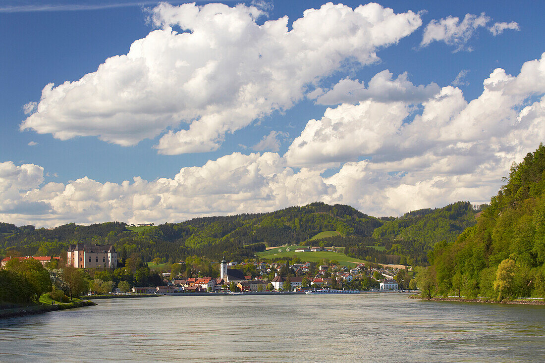 View at Greinburg castle and Grein on the river Danube , Strudengau , Oberösterreich , Upper Austria , Austria , Europe