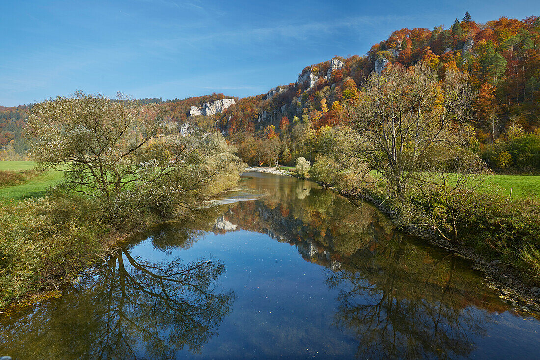 Autumnal tints at Beuron , River Danube , Schwäbische Alb , Baden-Württemberg , Germany , Europe