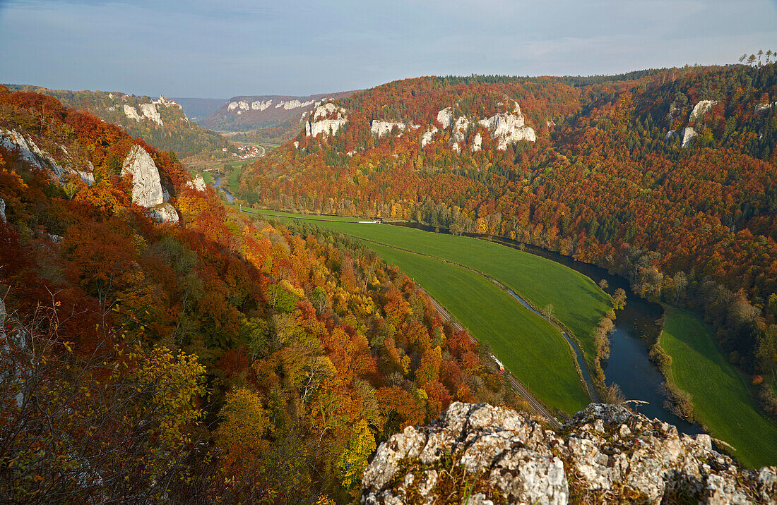 View from the Eichfelsen at Werenwag Castle , Valley of the river Danube , Schwäbische Alb , Baden-Württemberg , Germany , Europe
