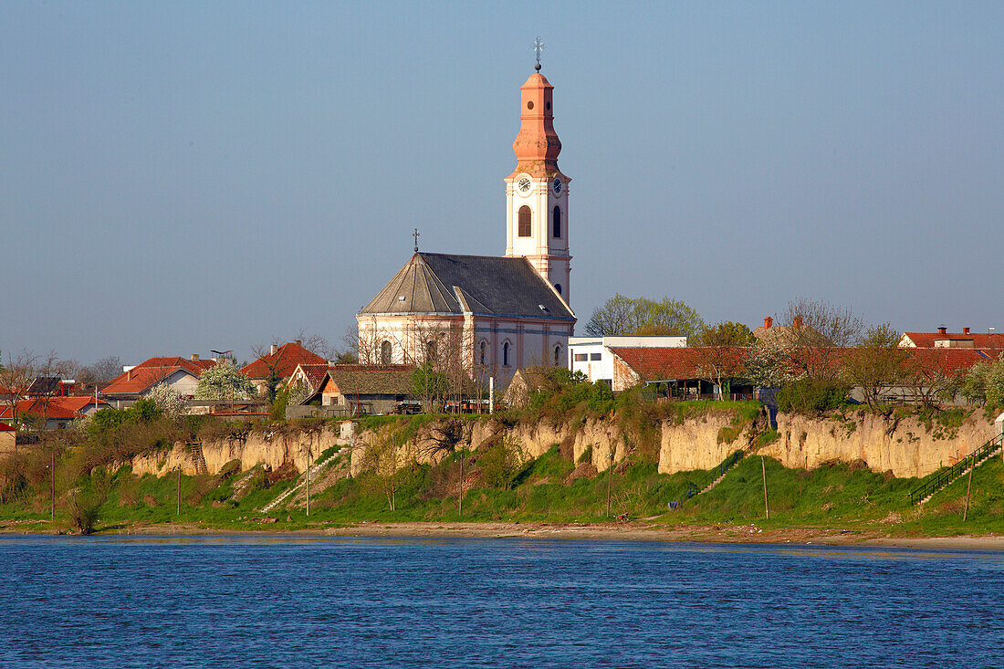 Blick auf Stari Banovci mit Kirche , Donau , Serbien , Europa
