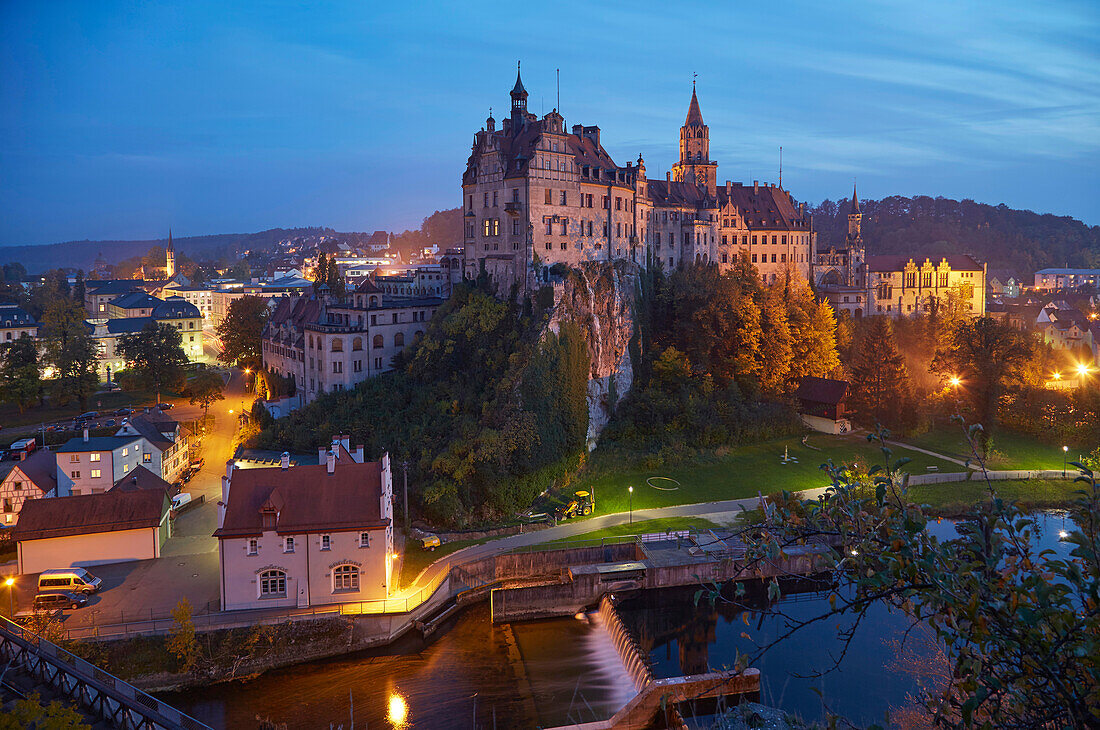 View at Sigmaringen Castle , River Danube , Schwäbische Alb , Baden-Württemberg , Germany , Europe