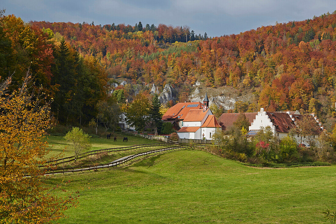 Autumnal tints and Gutshof Käppeler , Valley of the river Danube , Schwäbische Alb , Baden-Württemberg , Germany , Europe