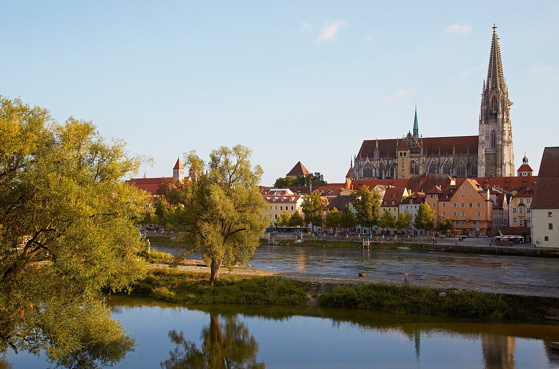 Cathedral and bank of the river Danube at Regensburg , Bavaria , Germany , Europe