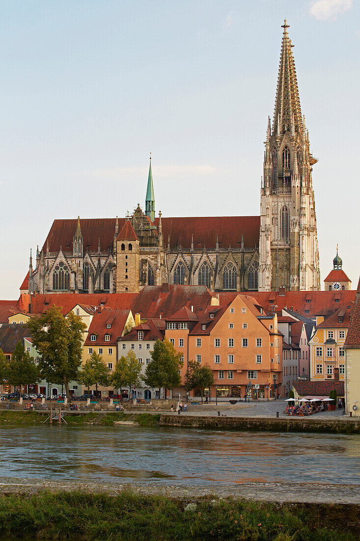 Cathedral and bank of the river Danube at Regensburg , Bavaria , Germany , Europe