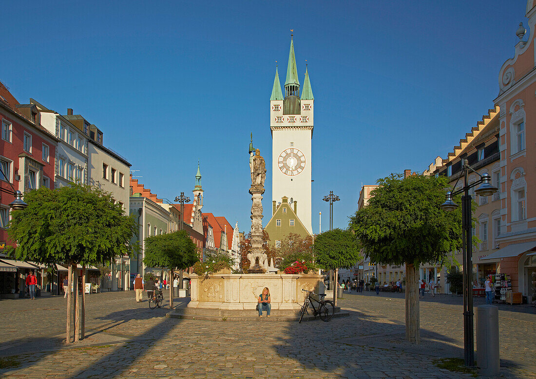 Theresienplatz and Stadtturm and Baroque well at Straubing , Bavaria , Germany , Europe