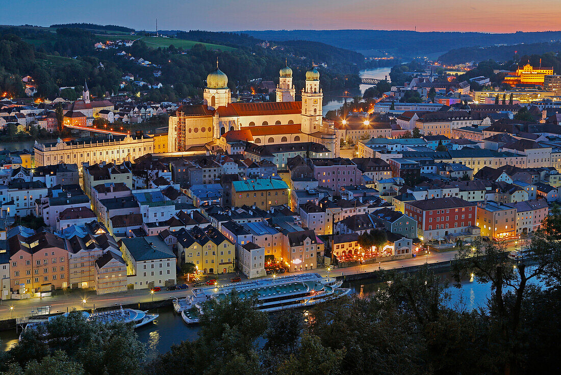 View at the old city with the Cathedral and St. Gertraud's Church at Passau, River Danube, River Inn, Bavaria, Germany, Europe
