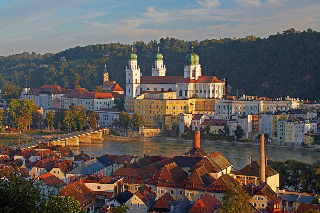 View across at the River Inn at the old city with the Cathedral at Passau , Bavaria , Germany , Europe