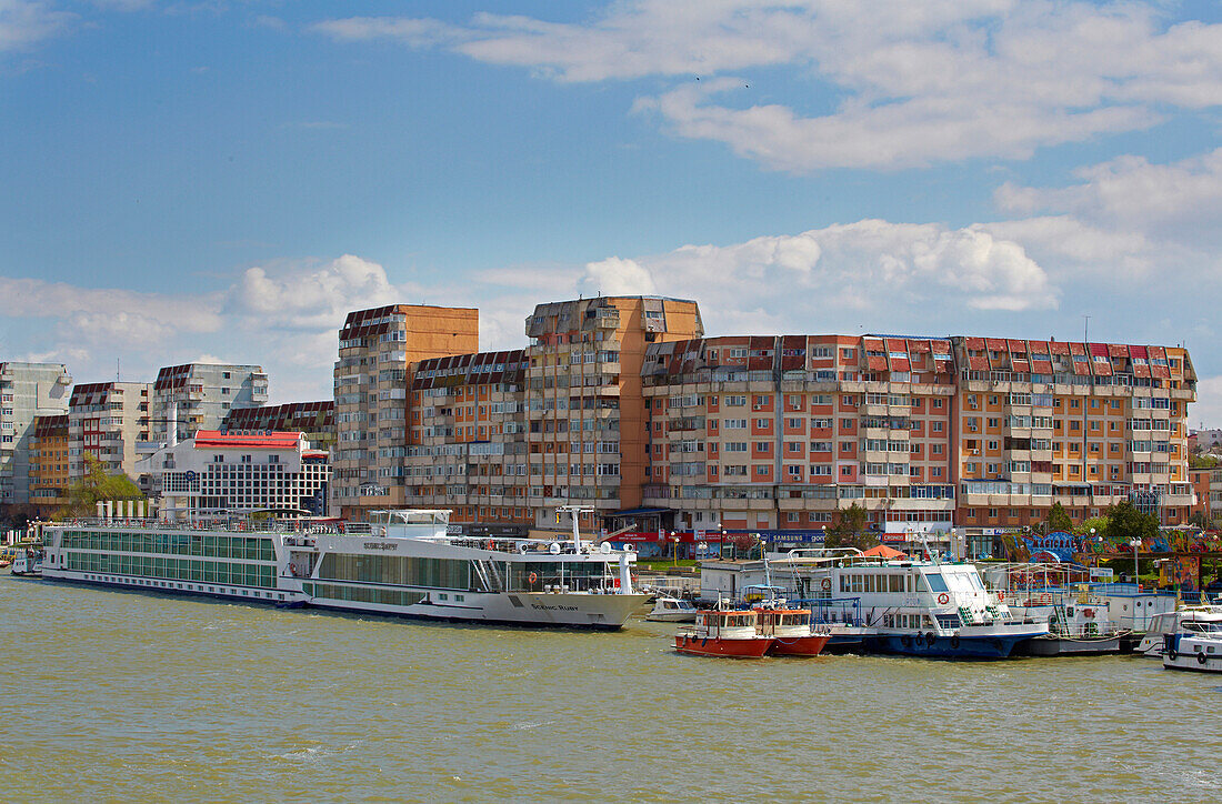 Port town of Tulcea in the Danube Delta at the Tulcea branch of the Danube , Romania , Europe