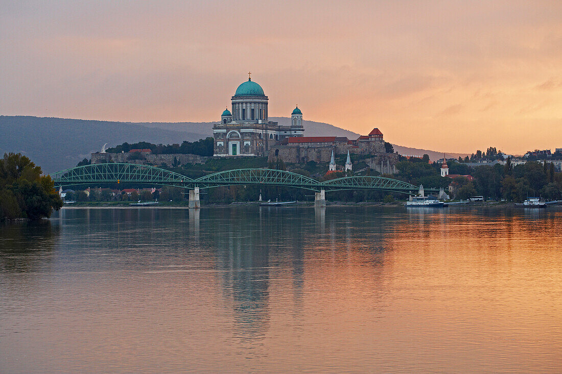 View over the  river Danube at  Esztergom Basilica , Esztergom , Hungary , Europe