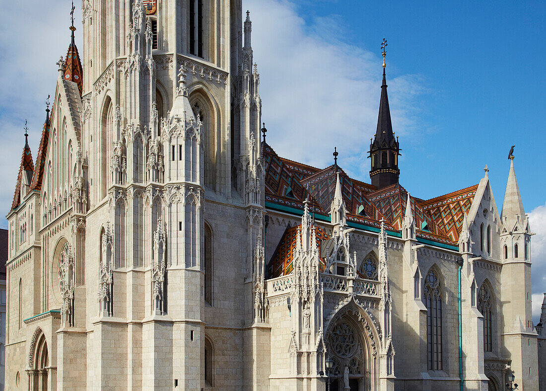 Matthiaskirche at Buda , Budapest , River Danube , Hungary , Europe