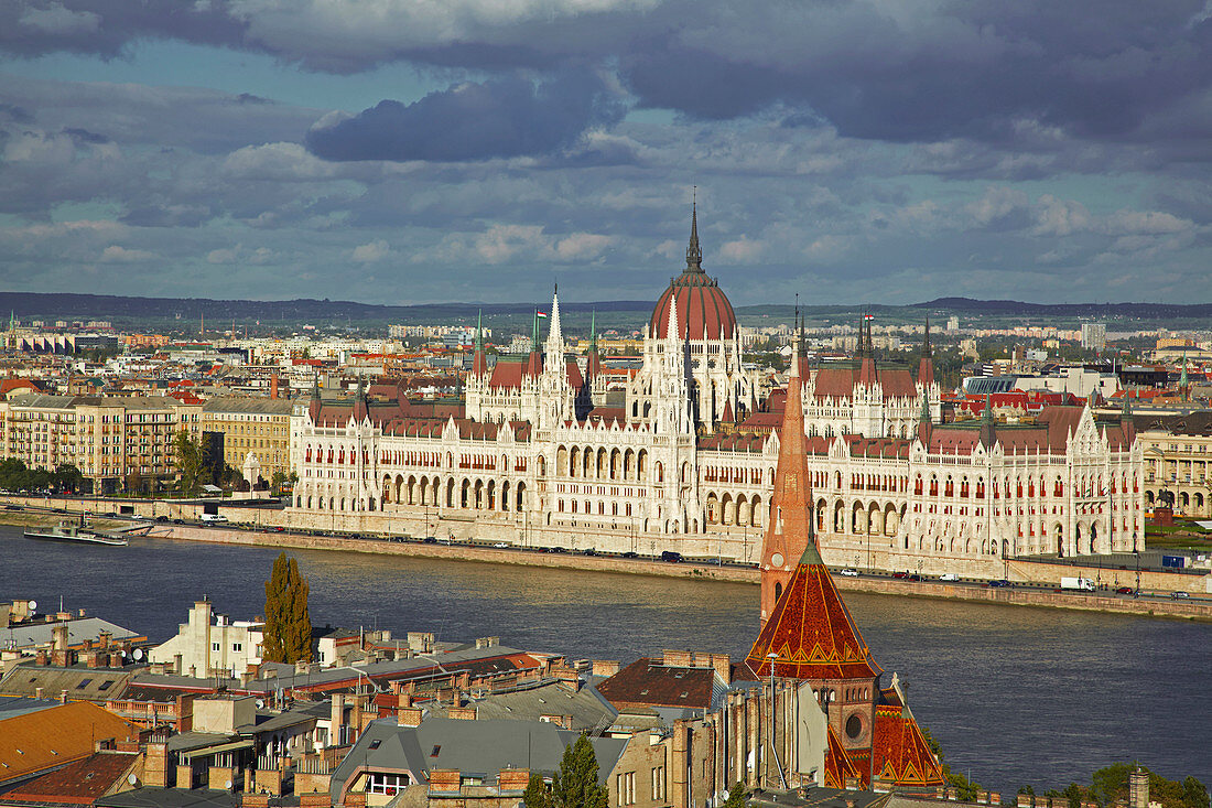 Budapest , View from Fisherman's Bastion at the Houses of Parliament at Pest , River Danube , Hungary , Europe