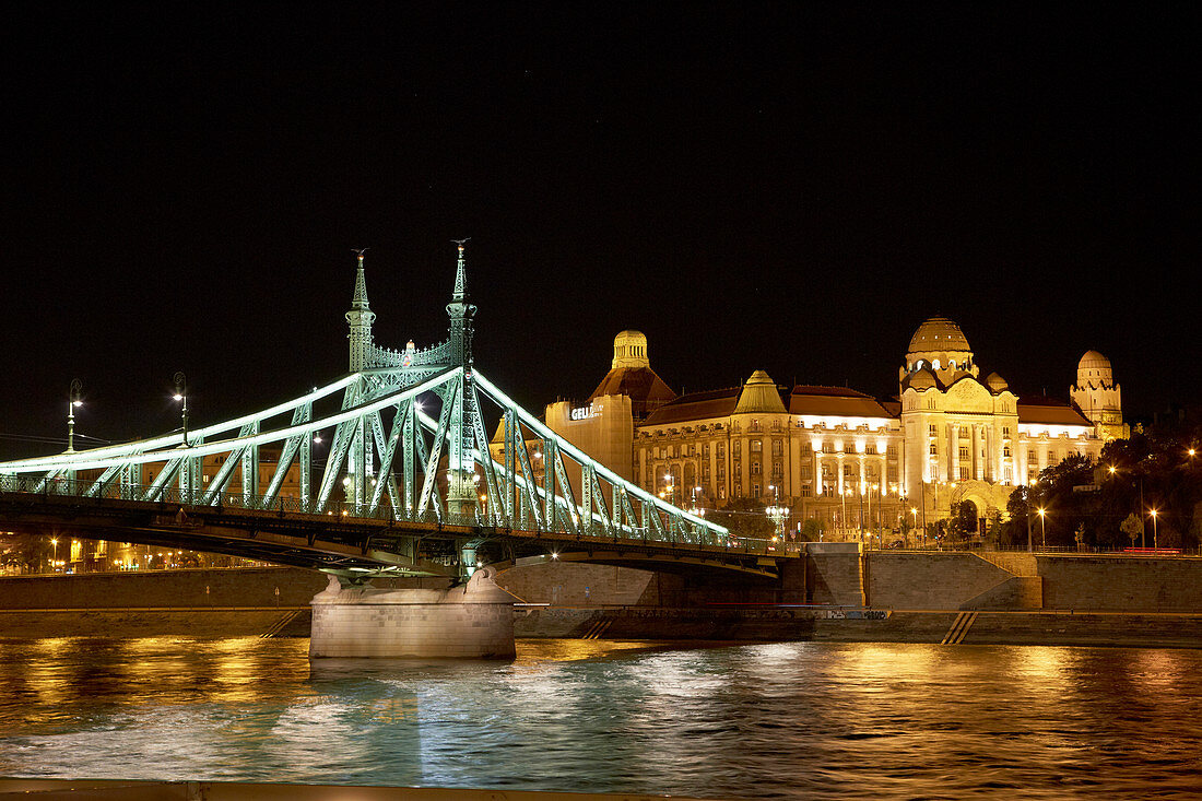 Budapest , Bridge Freiheitsbrücke and Gellert Hotel at Buda , River Danube , Hungary , Europe