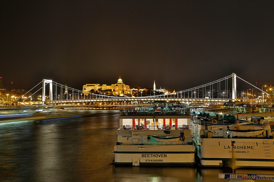 Budapest , Blick auf Elisabethbrücke und Burgpalast in Buda , Abend , Donau , Ungarn , Europa