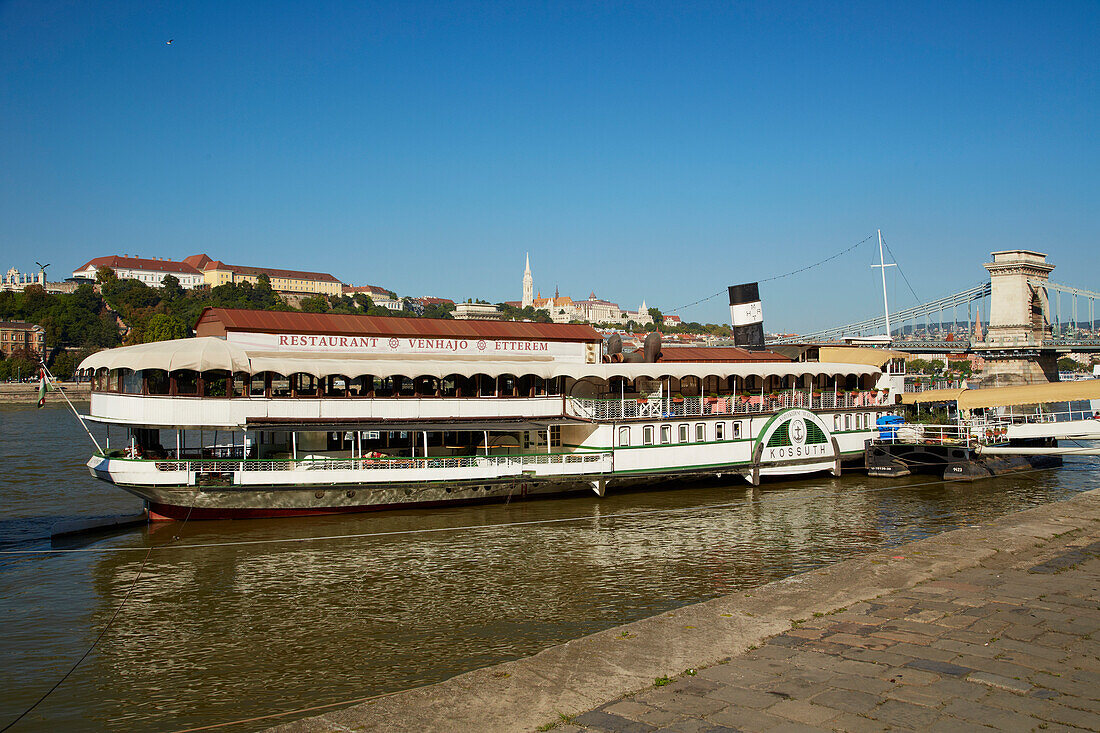 Restaurant ship at Pest , Budapest , River Danube , Hungary , Europe