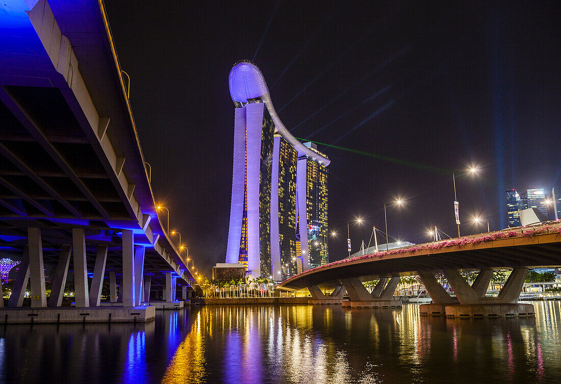 Singapore, night view of Marina Bay Sands, between Bayfront and Benjamin Shears Bridges.