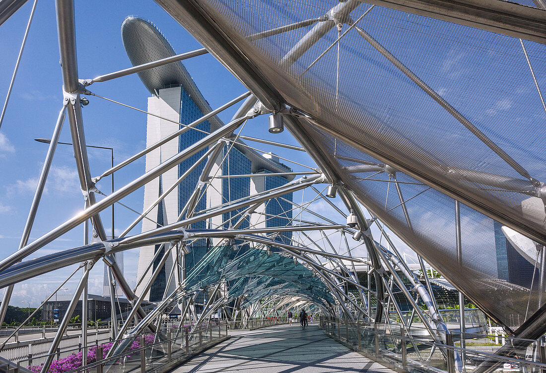 Singapore, Marina Bay Sands Hotel with Skypark seen from the Helix Bridge.