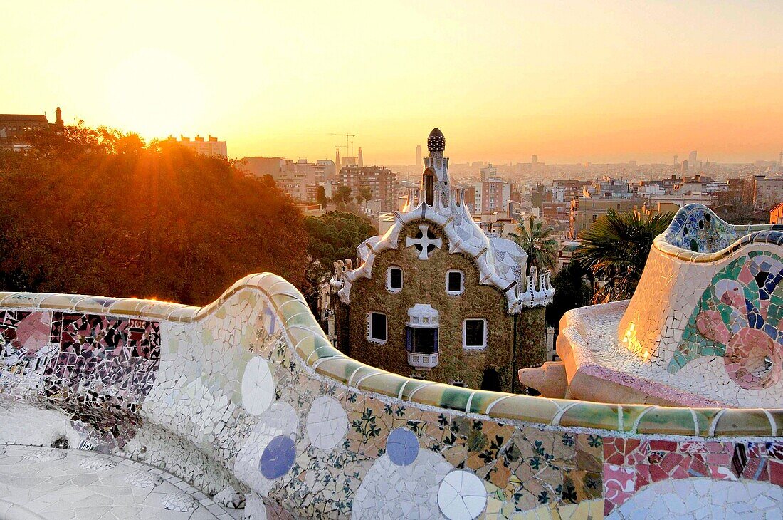Parc Güell. Garden complex with architectural elements situated on the hill of el Carmel. Designed by the Catalan architect Antoni Gaudí and built in the years 1900 to 1914. UNESCO World Heritage. La Salut quarter. Gràcia district of Barcelona. Catalonia,