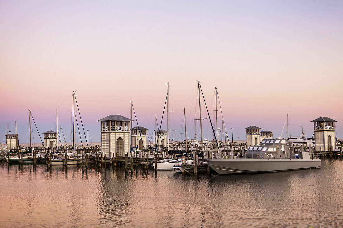 The new Gulfport Marina and Harbor were rebuilt in 2013 after its destruction by Hurricane Katrina, on Gulf of Mexico in Biloxi, Mississippi.
