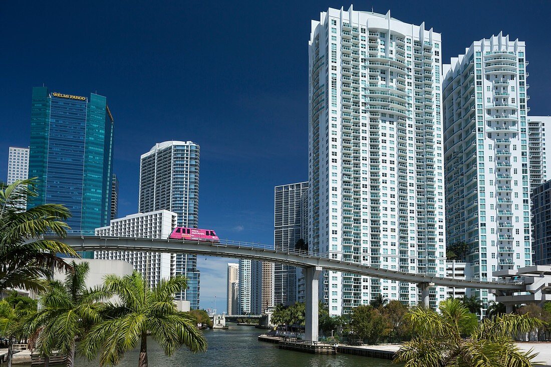 Metromover Monorail Miami River Downtown Miami Skyline Florida Usa.