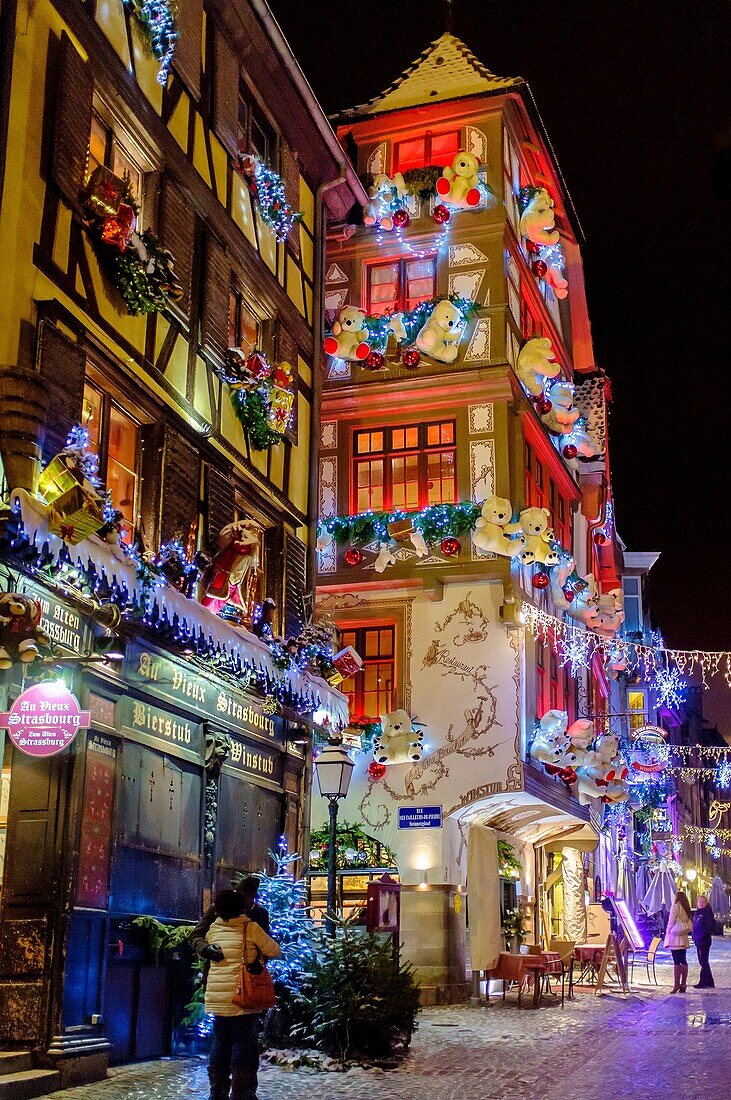 Restaurants at night on Christmas time Strasbourg Alsace France.