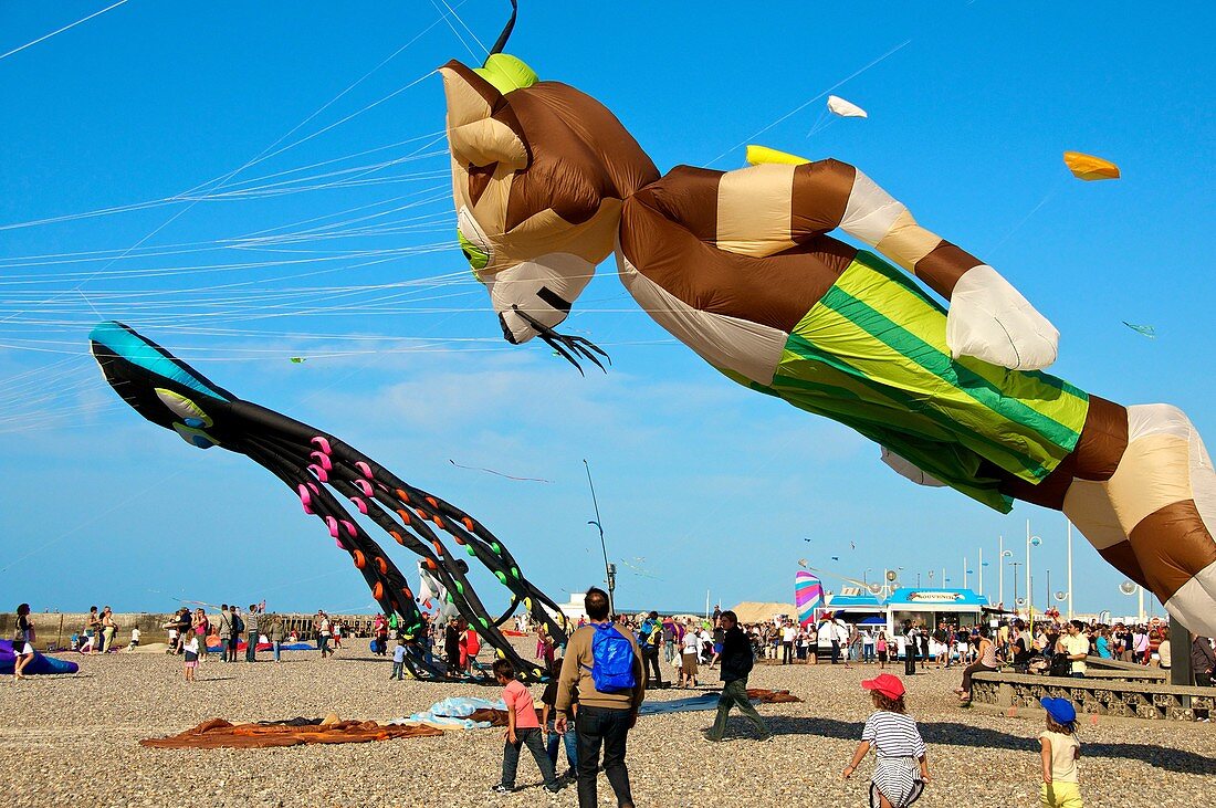 Flying Kites in the sky, autumn festival, beach, Dieppe, 76, Normandy, France.
