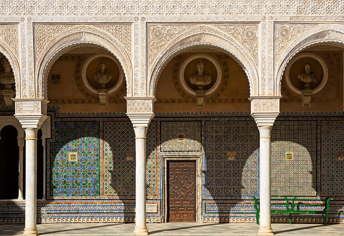 Highly artistic decoration in the main courtyard of the Casa de Pilatos, one of Seville´s finest mansions. Seville, Seville province, Andalusia, Spain.