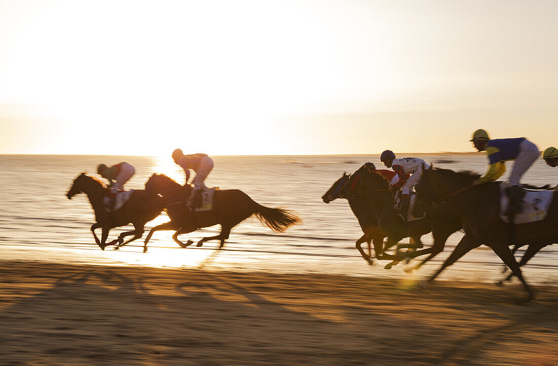 Shortly before sunset at the famous horse races of Sanlúcar de Barrameda which take place every year during August along a 1.800m stretch of beach at the mouth of the River Guadalquivir. This tradition dates back to 1845. Cádiz province, Andalusia, Spain.