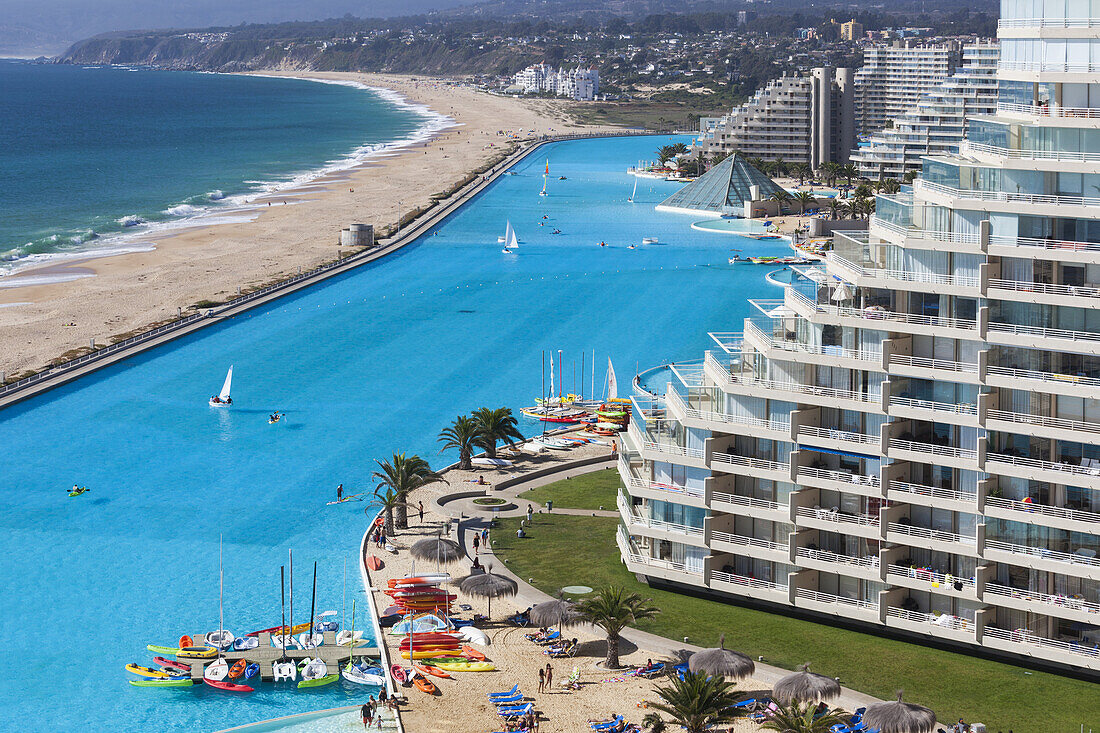 Chile, Algarrobo, San Alfonso del Mar, World´s largest man-made pool, elevated view.