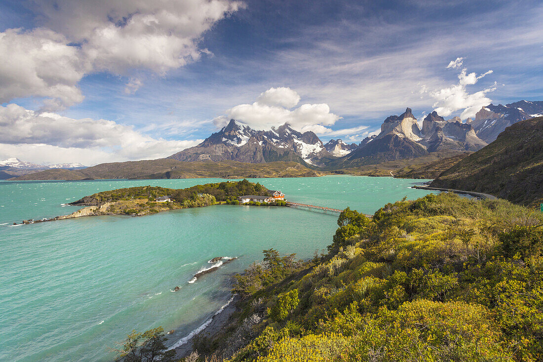 Chile, Magallanes Region, Torres del Paine National Park, Lago Pehoe, morning landscape with Hosteria Pehoe hotel.